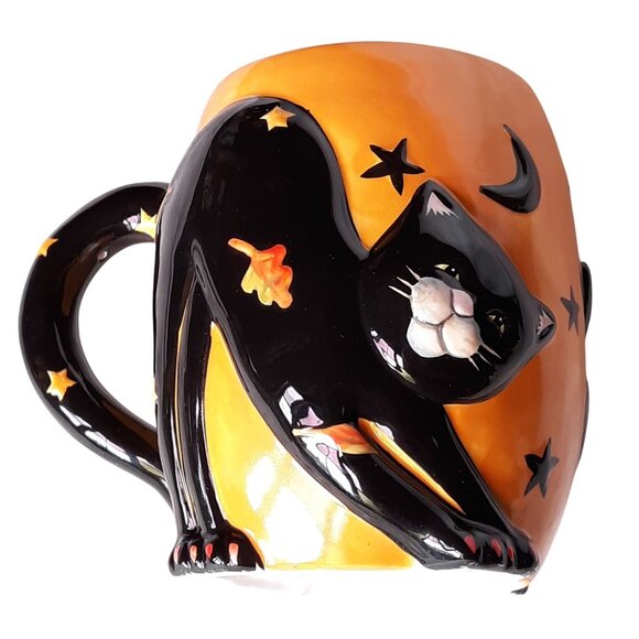 Black Cat Ceramic Mug With Halloween Stars & Moon Design - Picture 1 of 8